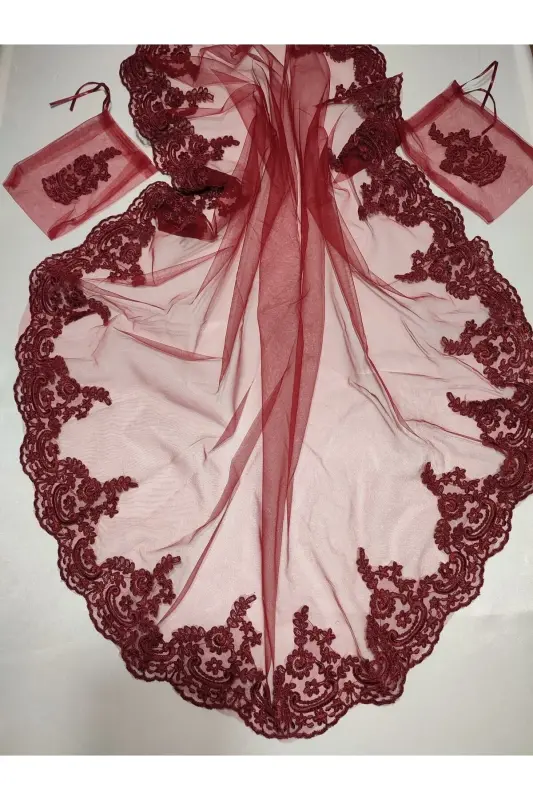 Burgundy Lace Bridal Henna Veil Special Set With Fabric Groom Henna Cover Glove and Belt-Pine - 6