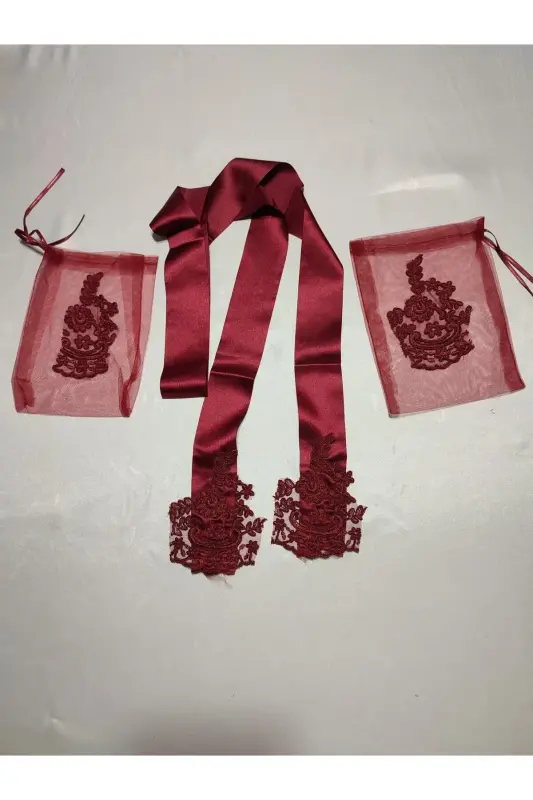 Burgundy Lace Bridal Henna Veil Special Set With Fabric Groom Henna Cover Glove and Belt-Pine - 8