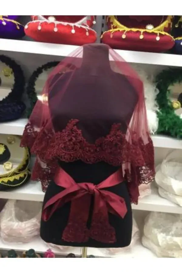 Burgundy Lace Bridal Veil Gloves Belt Complete Set - 1