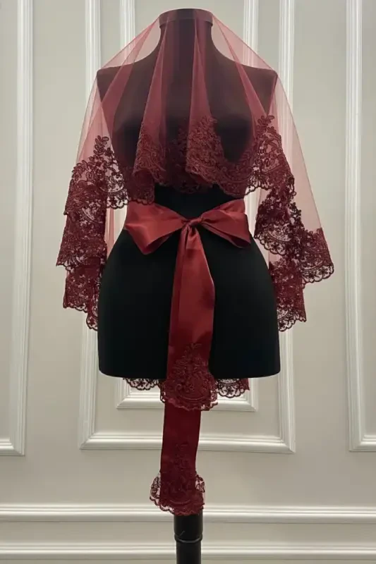 Burgundy Lace Bridal Veil Gloves Sash Complete Set-Burgundy - ZEYMERADE