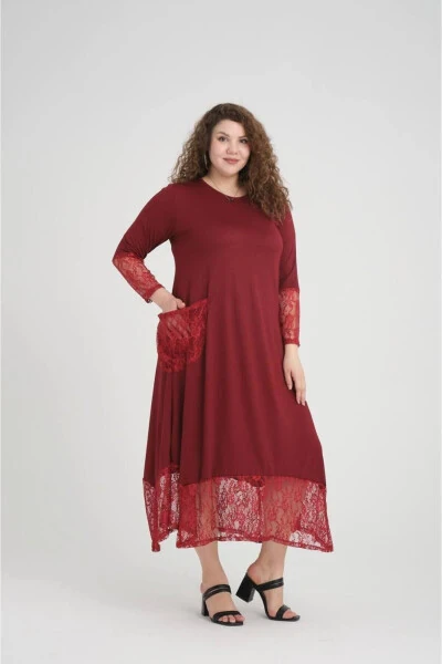 Burgundy Lace Detail Plus Size Dress - 1