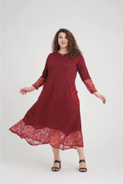Burgundy Lace Detail Plus Size Dress - 2