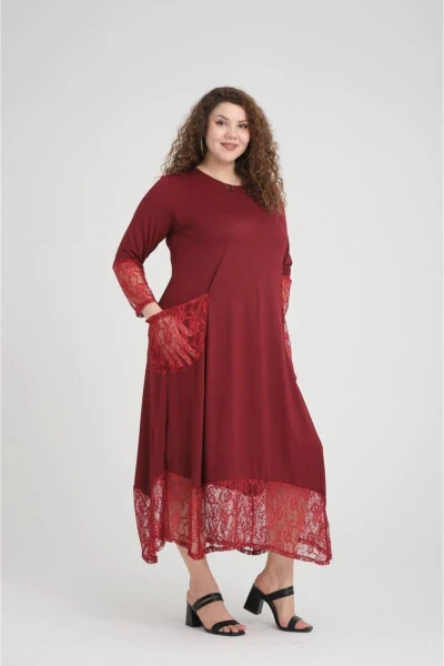 Burgundy Lace Detail Plus Size Dress - 3