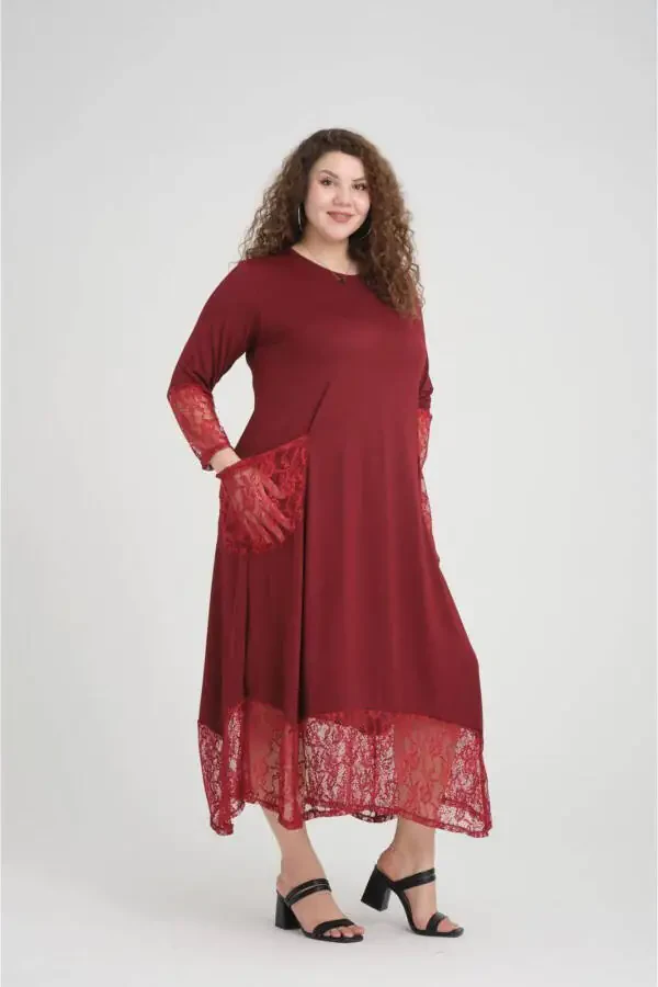 Burgundy Lace Detail Plus Size Dress - 3