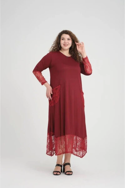 Burgundy Lace Detail Plus Size Dress - 4