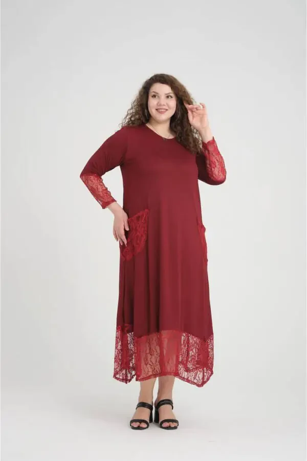 Burgundy Lace Detail Plus Size Dress - 4