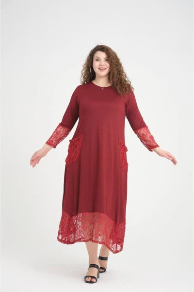 Burgundy Lace Detail Plus Size Dress - 5