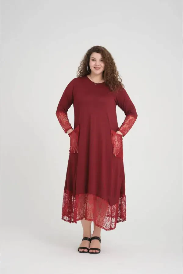 Burgundy Lace Detail Plus Size Dress - 6