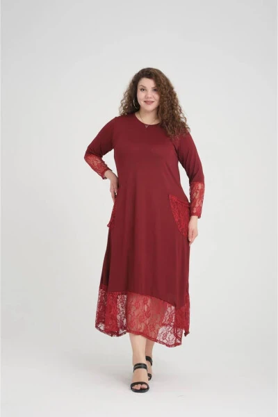 Burgundy Lace Detail Plus Size Dress - 7