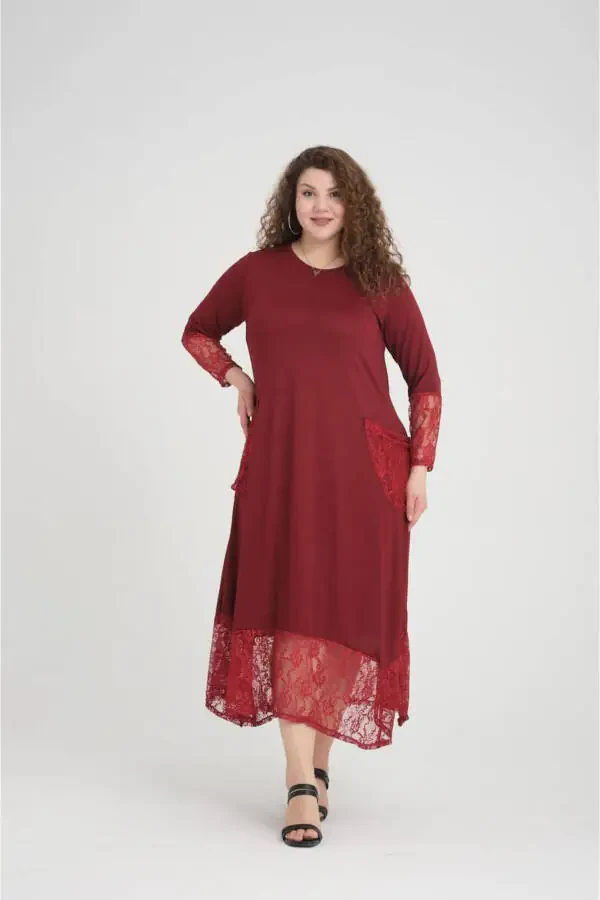Burgundy Lace Detail Plus Size Dress - 7