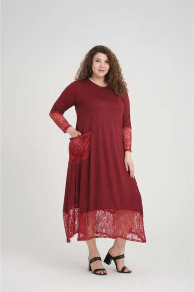 Burgundy Lace Detail Plus Size Dress - GARAJMOOD