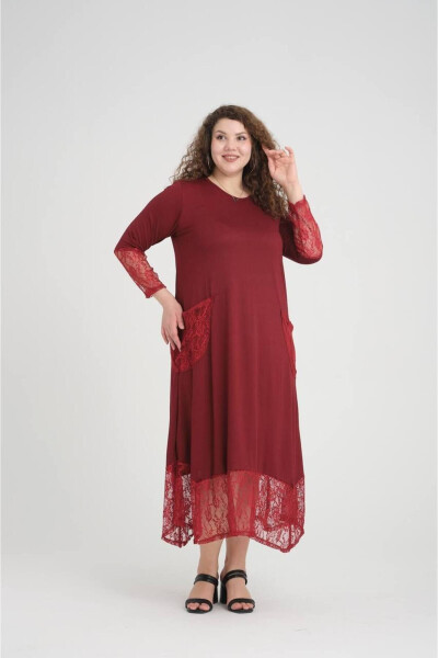 Burgundy Lace Detail Plus Size Dress - 4