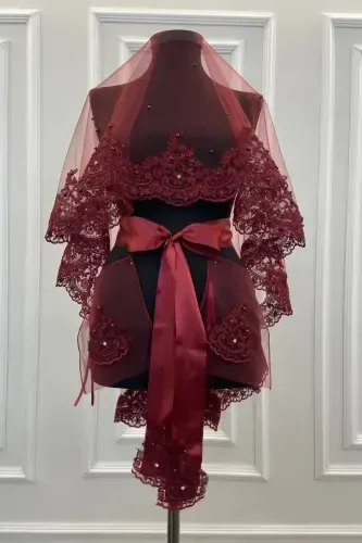 Burgundy Lace Shiny Stone and Pearl Embellished Bridal Veil Set Henna Night, Wedding-BORDOZARİFSWAROVSKİ - 1