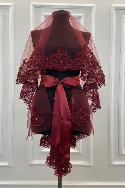 Burgundy Lace Shiny Stone and Pearl Embellished Bridal Veil Set Henna Night, Wedding-BORDOZARİFSWAROVSKİ - 1
