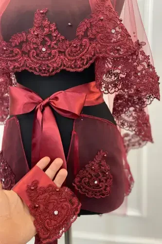 Burgundy Lace Shiny Stone and Pearl Embellished Bridal Veil Set Henna Night, Wedding-BORDOZARİFSWAROVSKİ - ZEYMERADE (1)