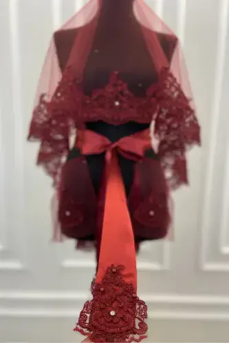 Burgundy Lace Shiny Stone and Pearl Embellished Bridal Veil Set Henna Night, Wedding-BORDOZARİFSWAROVSKİ - 3