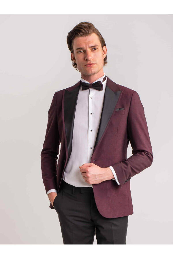 Burgundy Men's Modern Fit Striped Single Breasted Tuxedo Suit - 61321 - 10