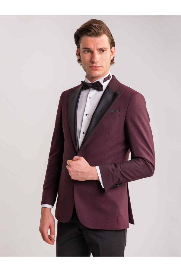 Burgundy Men's Modern Fit Striped Single Breasted Tuxedo Suit - 61321 - 1