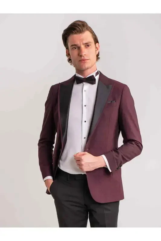 Burgundy Men's Modern Fit Striped Single Breasted Tuxedo Suit - 61321 - 5