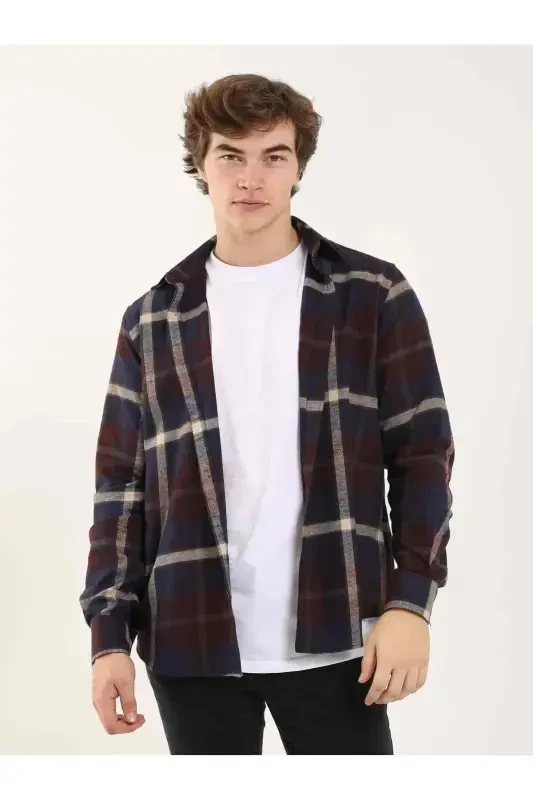 Burgundy Men's Regular Fit Plaid Pattern Classic Collar Long Sleeve Lumberjack Shirt - DUFY