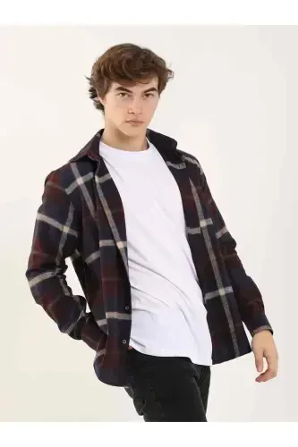 Burgundy Men's Regular Fit Plaid Pattern Classic Collar Long Sleeve Lumberjack Shirt - 2