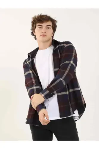 Burgundy Men's Regular Fit Plaid Pattern Classic Collar Long Sleeve Lumberjack Shirt - 3