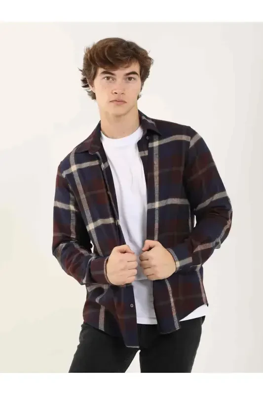 Burgundy Men's Regular Fit Plaid Pattern Classic Collar Long Sleeve Lumberjack Shirt - 4