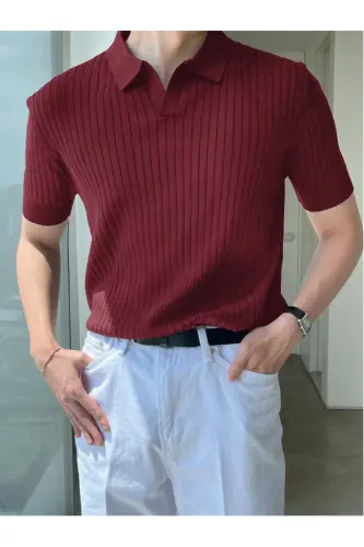 Burgundy Men's Ribbed Polo Neck Knit T-Shirt-Burgundy 