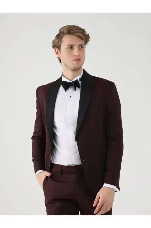 Burgundy Men's Slim Fit Plain Pointed Collar Tuxedo Suit - 92433 - 3