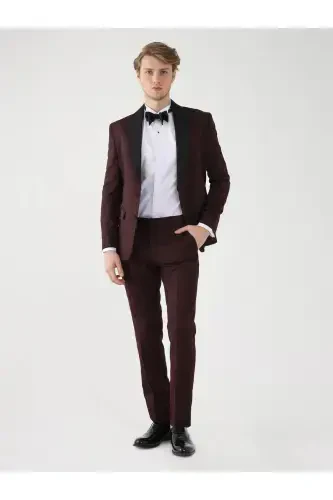 Burgundy Men's Slim Fit Plain Pointed Collar Tuxedo Suit - 92433 - 5