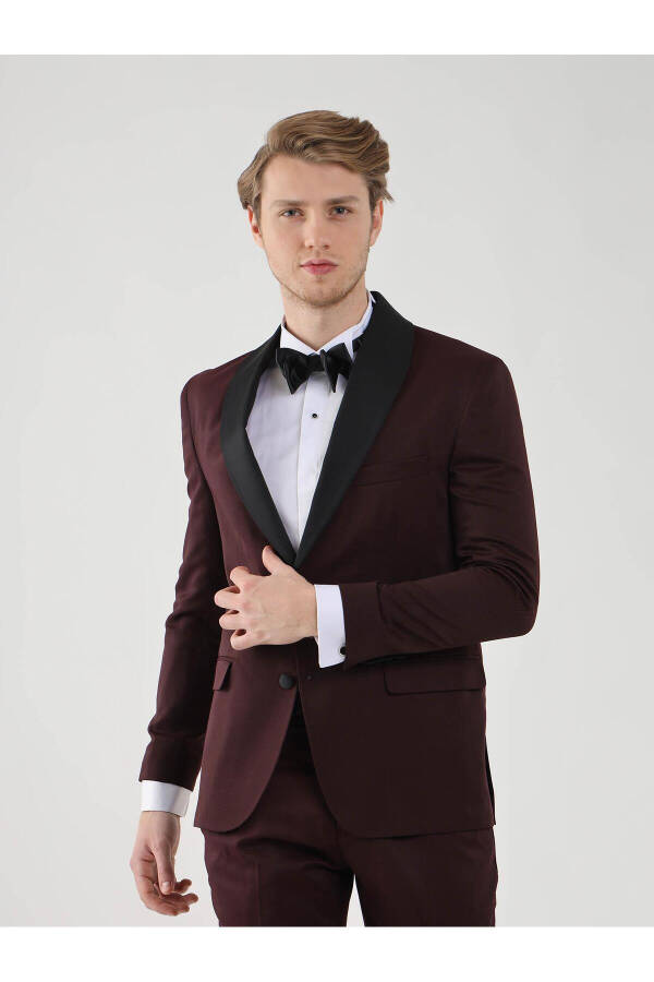 Burgundy Men's Slim Fit Plain Pointed Collar Tuxedo Suit - 92433 - 8