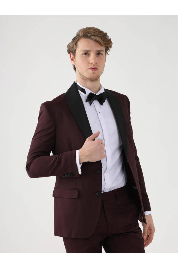 Burgundy Men's Slim Fit Plain Pointed Collar Tuxedo Suit - 92433 - 9