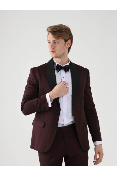 Burgundy Men's Slim Fit Plain Pointed Collar Tuxedo Suit - 92433 - 11