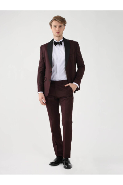 Burgundy Men's Slim Fit Plain Pointed Collar Tuxedo Suit - 92433 - 12