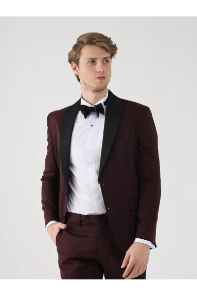 Burgundy Men's Slim Fit Plain Pointed Collar Tuxedo Suit - 92433 - 2