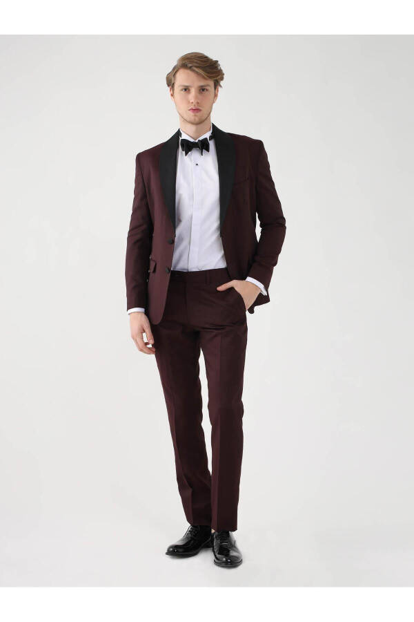 Burgundy Men's Slim Fit Plain Pointed Collar Tuxedo Suit - 92433 - 4