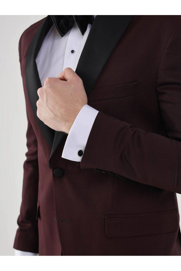 Burgundy Men's Slim Fit Plain Pointed Collar Tuxedo Suit - 92433 - 5