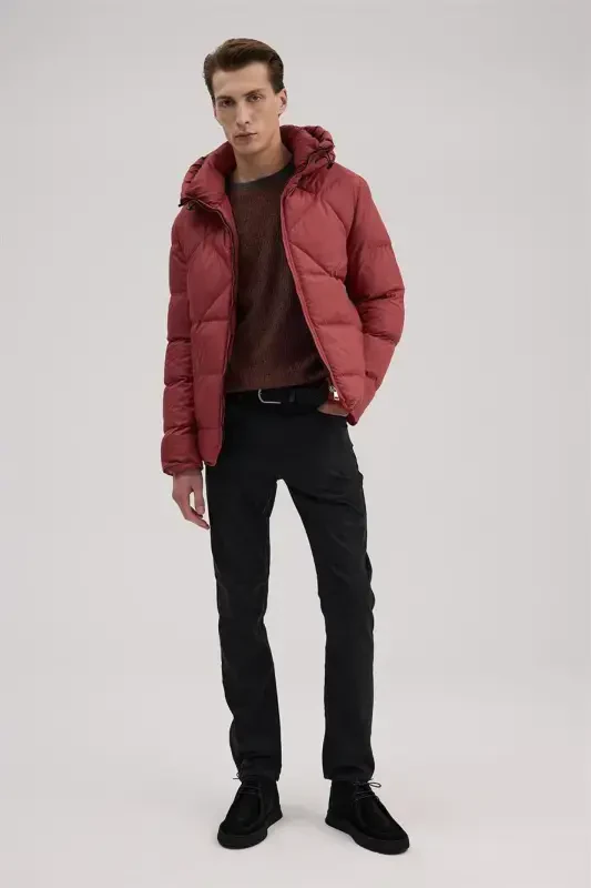 Burgundy Navy Comfort Fit Hooded Puffer Jacket - JAKAMEN