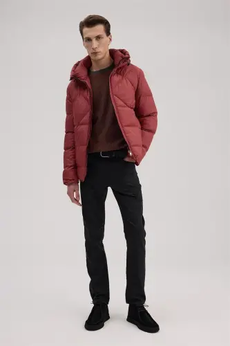 Burgundy Navy Comfort Fit Hooded Puffer Jacket - 1