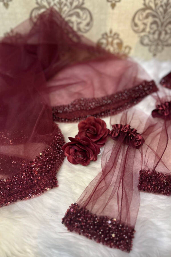 Burgundy Orchid Bridal Veil Set, Water Stone Henna Veil Set 6 Pieces - 64