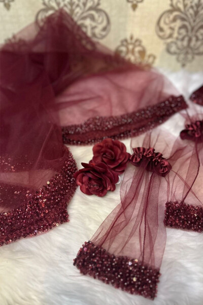 Burgundy Orchid Bridal Veil Set, Water Stone Henna Veil Set 6 Pieces - 41