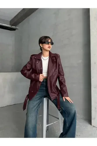 Burgundy Oversize Women's Long Biker Leather Jacket-Burgundy - BUQRE'S MODA (1)