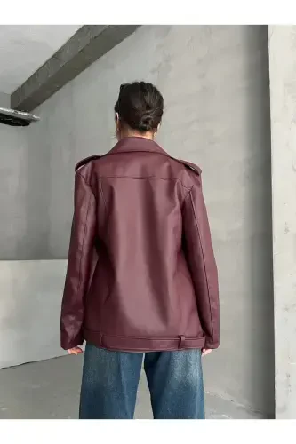 Burgundy Oversize Women's Long Biker Leather Jacket-Burgundy - 3