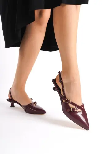 Burgundy Patent Leather 3 cm Heeled Shoes with Strap Buckle Detail Cherry Red 