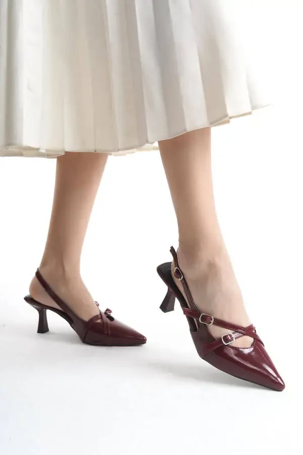 Burgundy Patent Leather Pointed Toe Buckle Detail Women's 7 Cm Heeled Shoes - 2