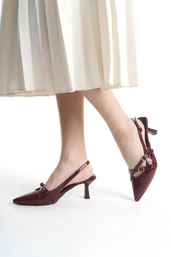Burgundy Patent Leather Pointed Toe Buckle Detail Women's 7 Cm Heeled Shoes - 3