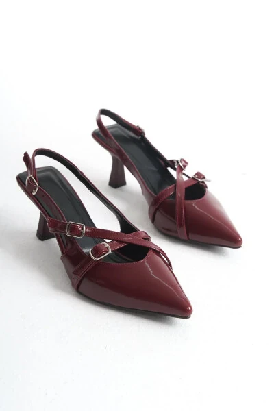 Burgundy Patent Leather Pointed Toe Buckle Detail Women's 7 Cm Heeled Shoes - 4