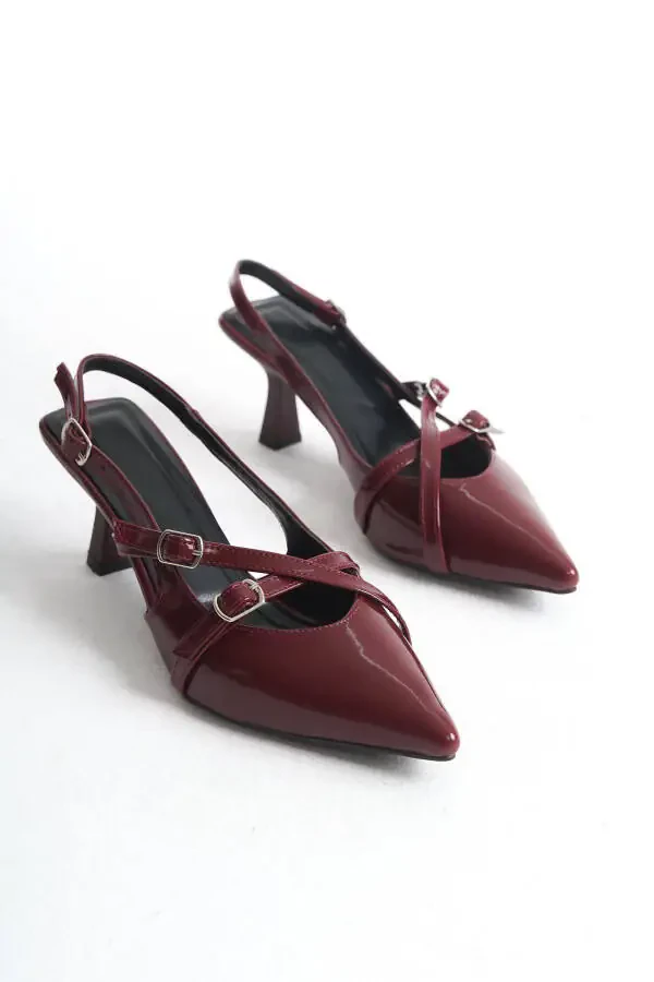 Burgundy Patent Leather Pointed Toe Buckle Detail Women's 7 Cm Heeled Shoes - 4