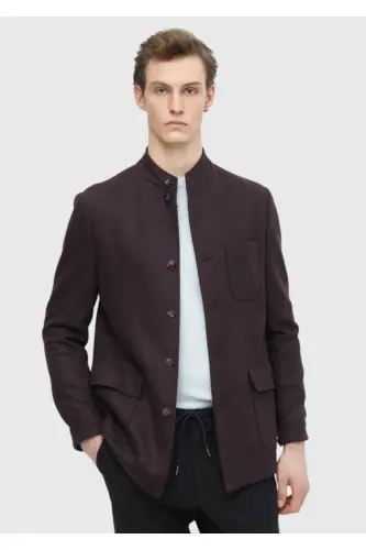 Burgundy Plain Shirt Shoulder Slim Fit Wool Blend Knitted Jacket - 3