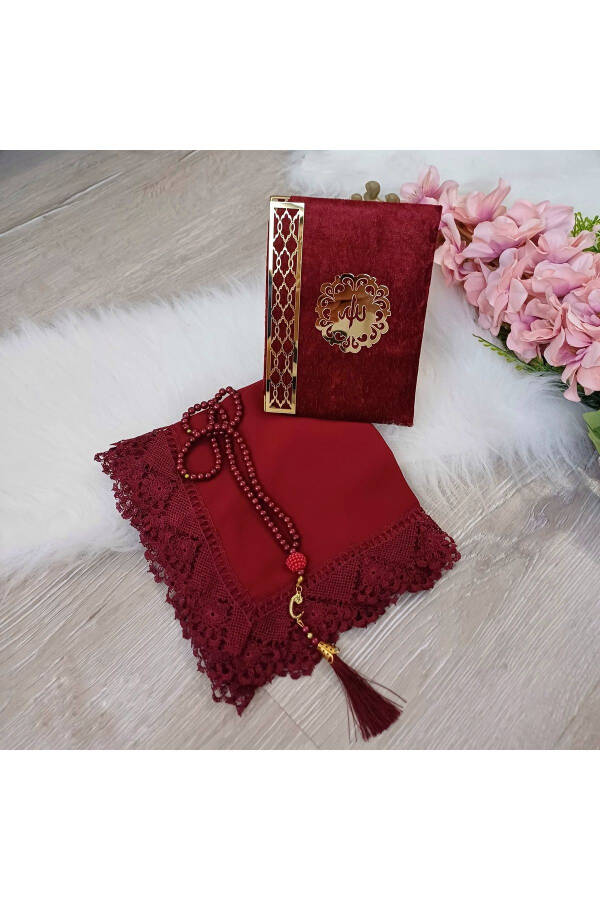 Burgundy Prayer Rug, Quran, Prayer Beads, Mawlid, Hajj, Umrah Gift - 1